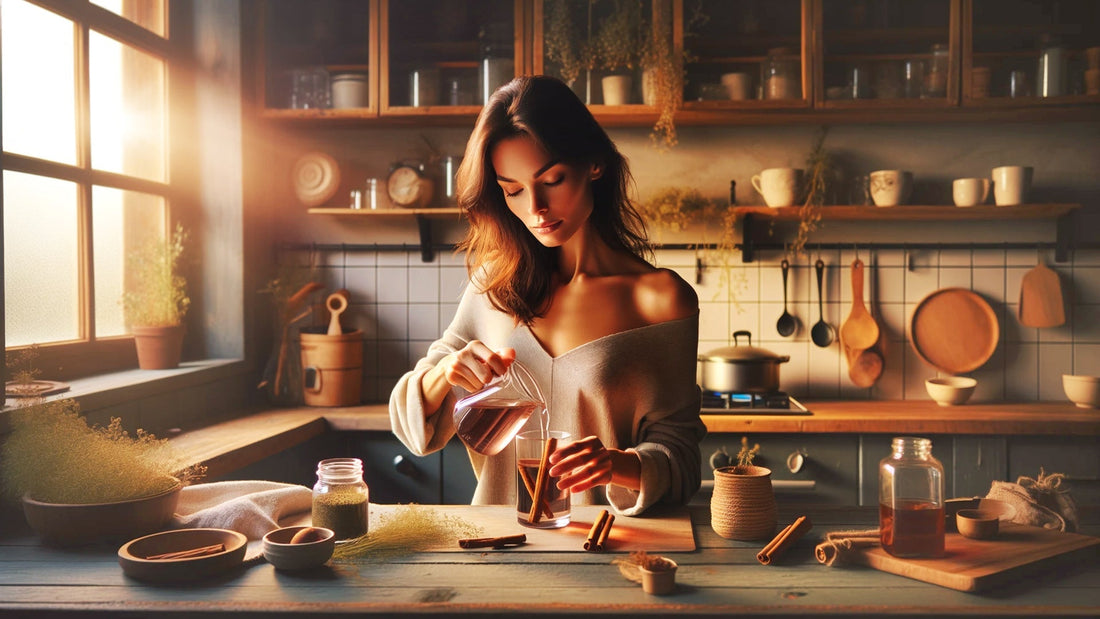 Femme préparant une boisson dans une cuisine
