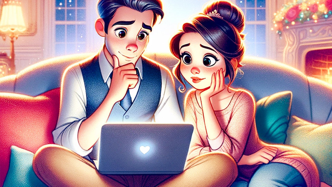 Image façon cartoon d'une femme et d'un homme regardant un ordinateur