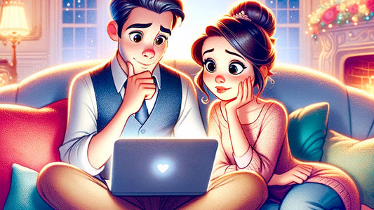 Image façon cartoon d'une femme et d'un homme regardant un ordinateur