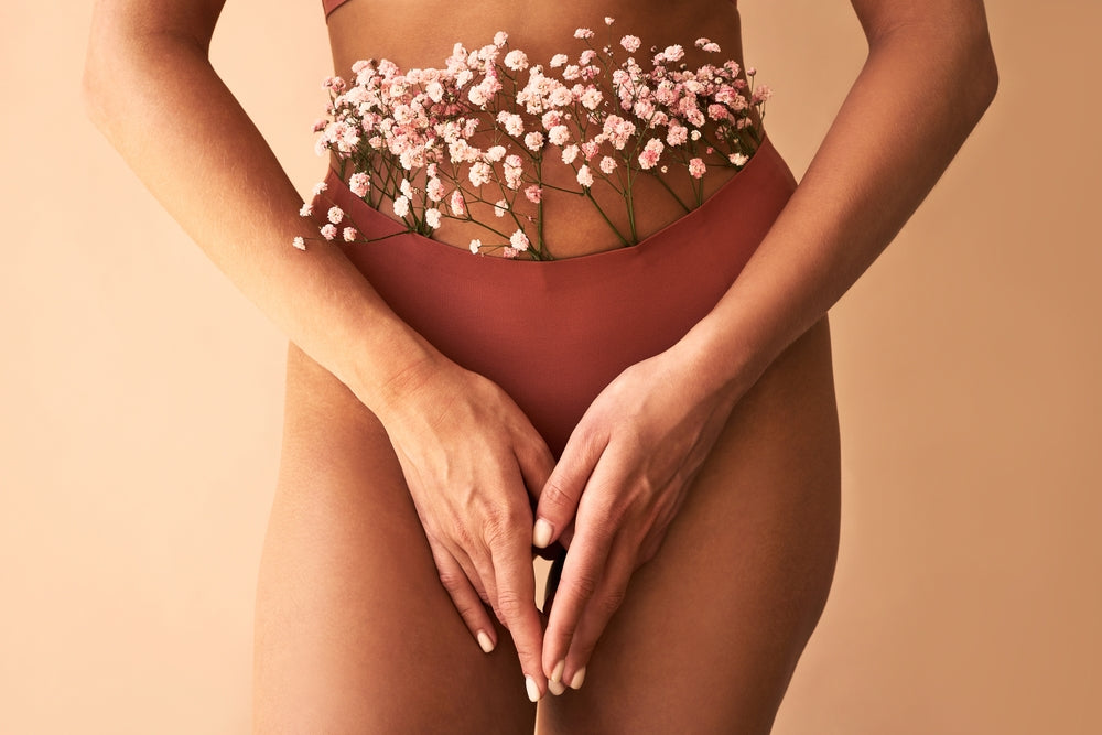 Femme en culotte mettant ses mans devant son vagin